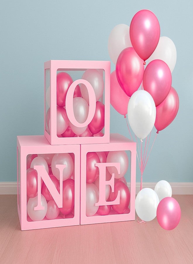 Flyloons One Balloon Box for 1st Birthday Decoration Baby Girls Kids Twins Year Transparent Plain Letter 30 Pcs Pink White Balloon 3 Pcs Pink Box Glue Dots Arrangement Set Items - Image 1